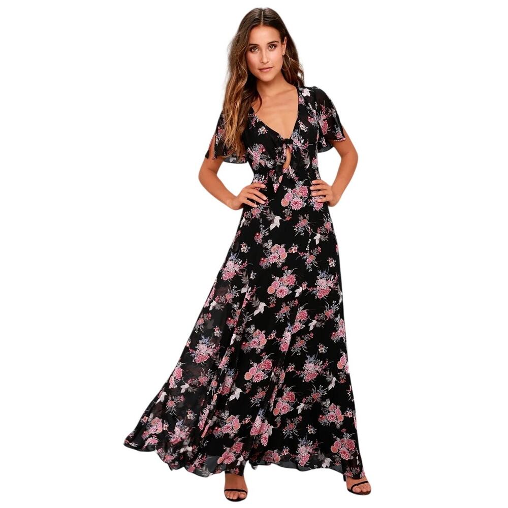 Lulus Wings of Love Maxi Dress Black Pink Floral Tie Front Flutter Sleeve Small